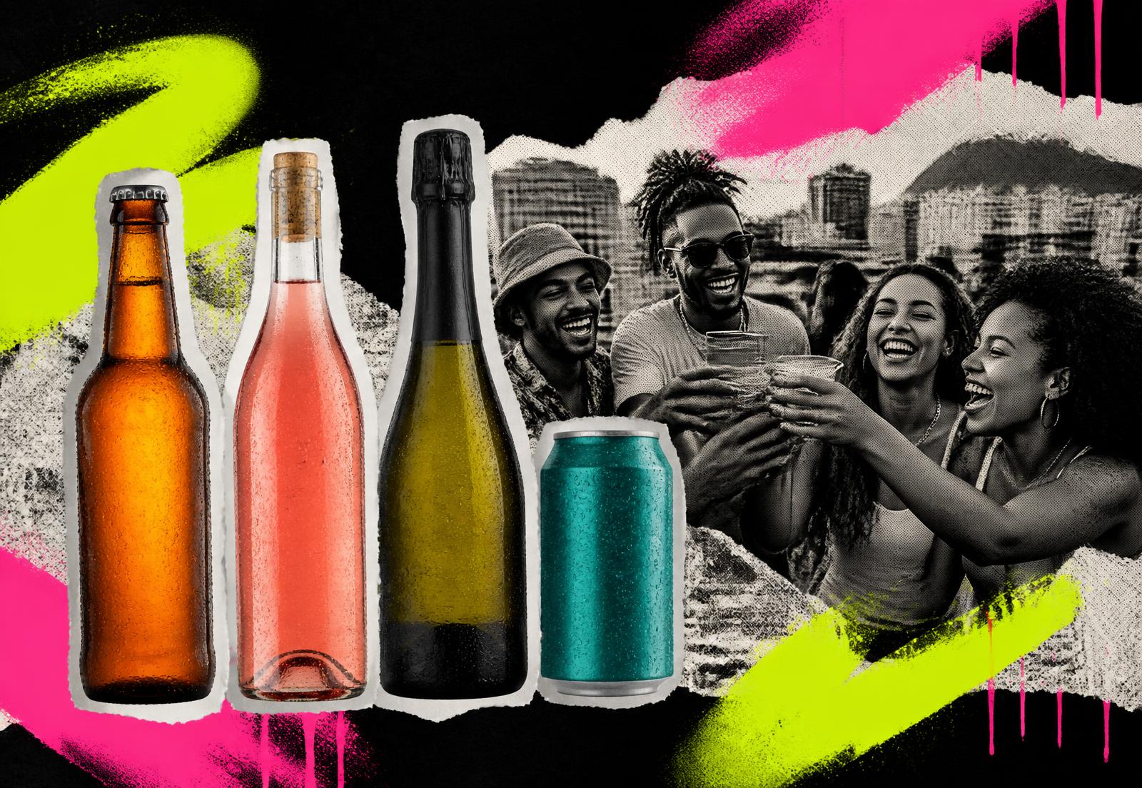Colagem com cerveja, vinho rosé, espumante e lata sem álcool ao lado de amigos brindando em uma cobertura